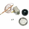 The J....0 0-90 degree C Thermostat kit includes a metal sensor probe, temperature control dial (0-90°C), two screws, and a circular mounting plate, all shown on a white background. © 2025 1st-line.com