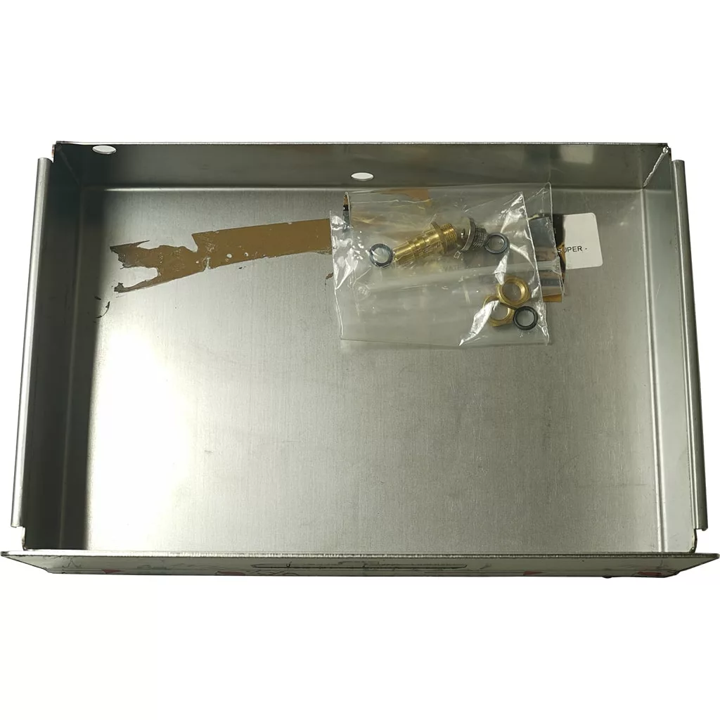 The VBM CARRCASDOSAV2 Super Drip Tray Drawer (pre 2020 new style) is a rectangular metal tray with raised edges, featuring a small plastic bag containing brass fittings and washers in the upper right corner. © 2025 1st-line.com