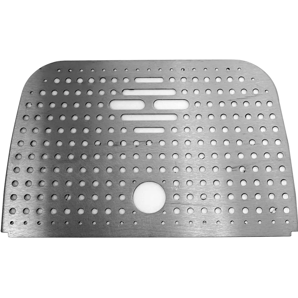 The VBM GRIGCSDOMSARNW Drip Tray Grid fits Junior and Super Analogic/Digital models, with rounded top corners, multiple round holes, horizontal slots, and a large circular bottom-center opening. Made of rectangular stainless steel. © 2025 1st-line.com