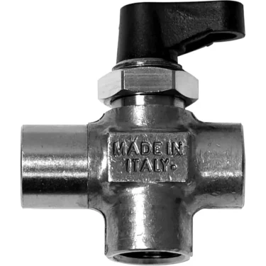 The VBM RACCRUB3VDSAV 3-Way Tap for Water Connection features a metal body with MADE IN ITALY engraving, a black lever handle, three openings, and a hexagonal nut near the handle. © 2025 1st-line.com