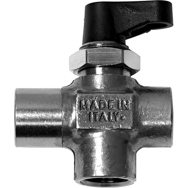 The VBM RACCRUB3VDSAV 3-Way Tap for Water Connection features a metal body with MADE IN ITALY engraving, a black lever handle, three openings, and a hexagonal nut near the handle. © 2025 1st-line.com