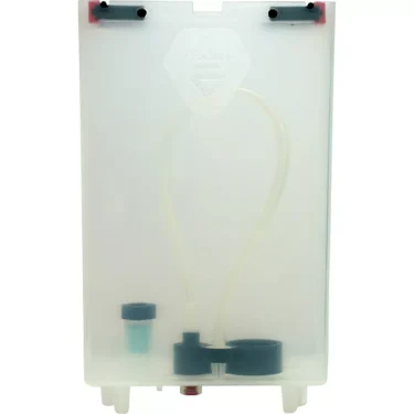 The Lelit 4000036 Complete Water Tank is a translucent plastic tank with internal tubes, two dark circular fittings at the bottom, and a FRONT label on top, designed for efficient liquid dispensing or storage. © 2025 1st-line.com