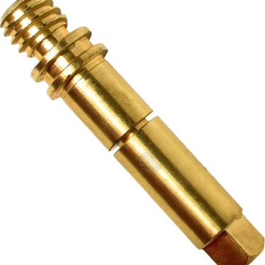A close-up of the Bezzera 5960504 Steam Valve Shaft, a brass double-ended connector featuring a threaded section, smooth cylindrical middle, and hexagonal end, commonly used to join or secure mechanical components. © 2025 1st-line.com