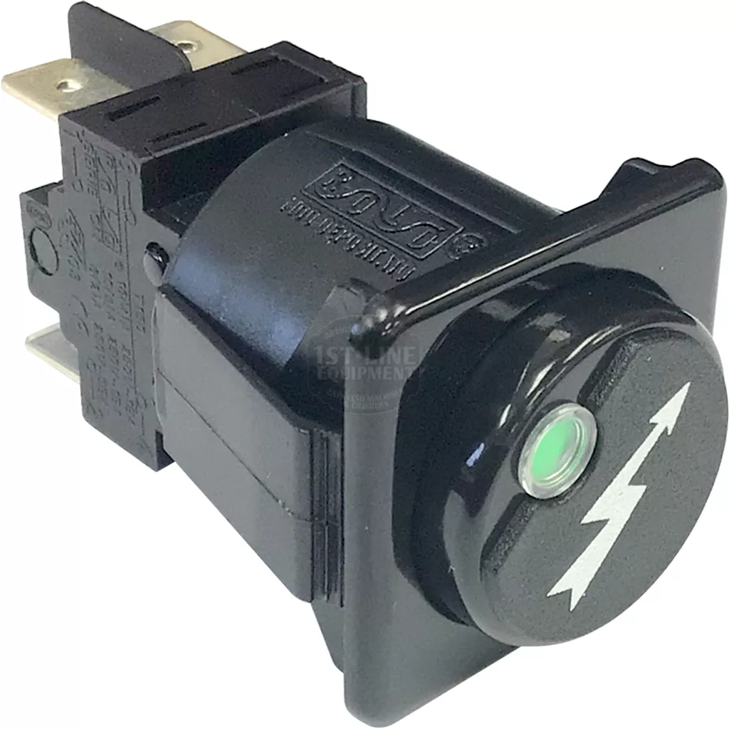 A close-up of the Elektra 00747034 Power Switch Assembly displays a black rocker switch with a green indicator light, white lightning bolt symbol, and multiple metal prongs for connection. © 2025 1st-line.com