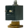 A close-up of the Lelit 9700004 220V 3-Way Solenoid Valve, featuring a black rectangular coil and brass valve body, shown against a white background—compatible with Lelit espresso machines. © 2025 1st-line.com