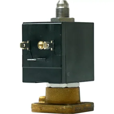 A close-up of the Lelit 9700004 220V 3-Way Solenoid Valve, featuring a black rectangular coil and brass valve body, shown against a white background—compatible with Lelit espresso machines. © 2025 1st-line.com