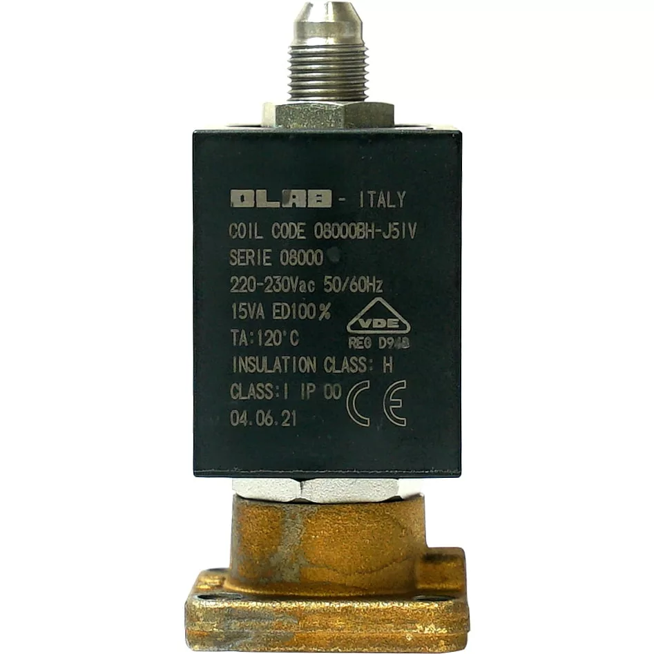 Close-up of a Lelit 9700004 220V 3-way solenoid valve, highlighting its label with coil code, voltage, frequency, temperature range, insulation class, and certifications. The metallic valve includes a threaded connector. © 2025 1st-line.com