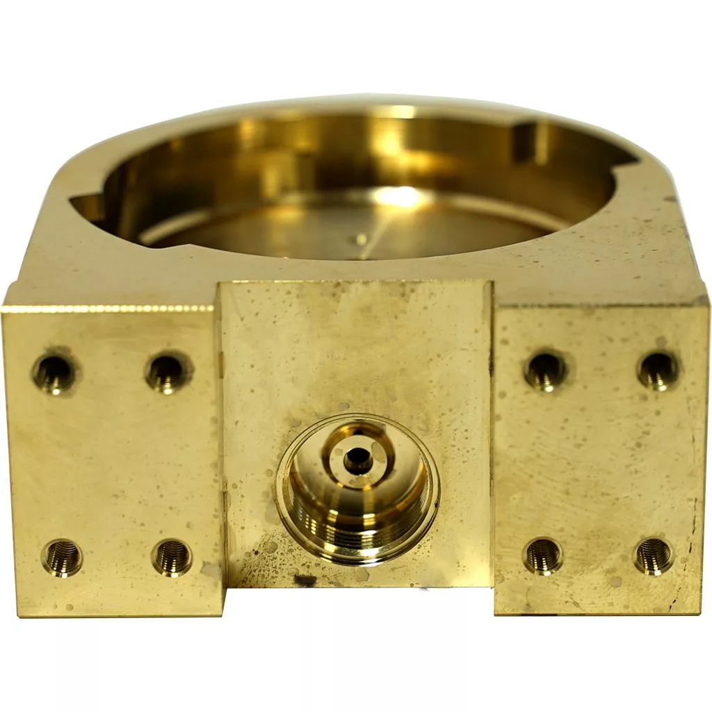 Close-up of the Elektra 05906014 Delivery Group Body, showing its shiny brass build with a circular top opening, multiple front screws, and a central threaded hole—an essential industrial machinery component. © 2025 1st-line.com