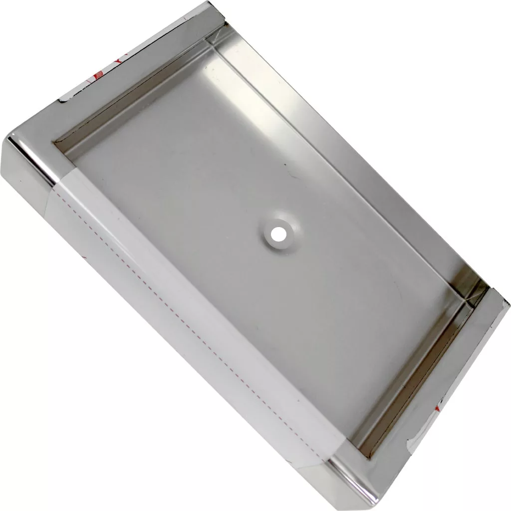 DISCONTINUED ECM M3024.4A Drip Tray (round edges, with hole): Stainless steel tray featuring round edges, a drainage hole, and a polished finish, displayed angled on a white background. © 2025 1st-line.com