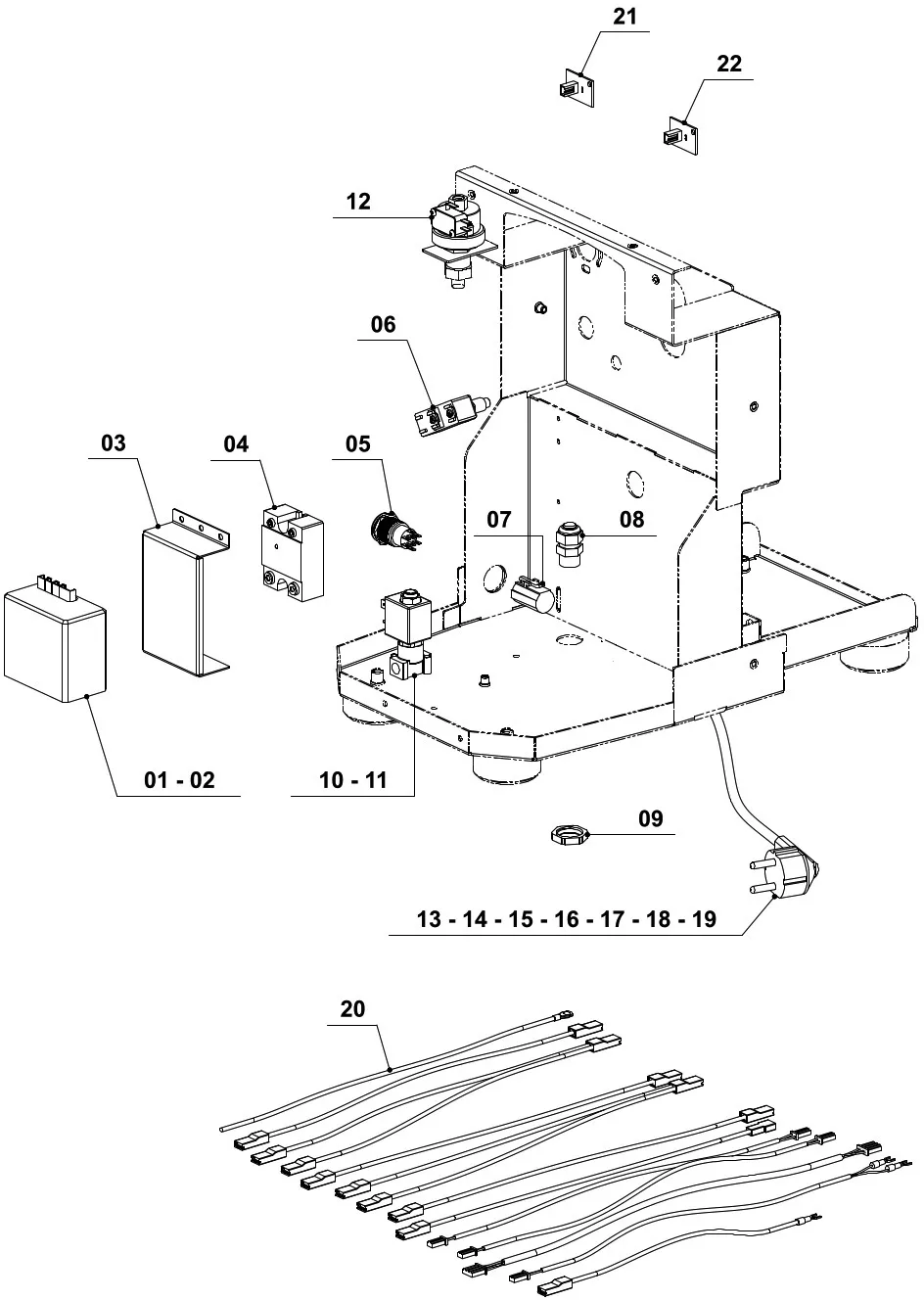 Exploded view diagram of a VBM Domobar Super electronic device, showing a main frame, various labeled components, connectors, and multiple cables—each numbered for easy Parts Diagram identification and assembly reference. © 2025 1st-line.com