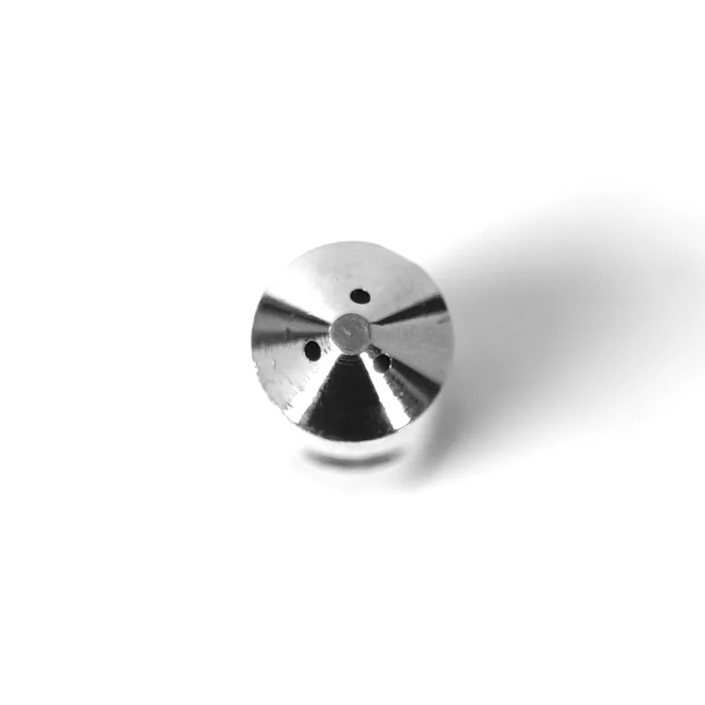 The Ascaso I.1114 3-Hole Tip is a shiny, cylindrical metal object with a conical top and three holes arranged in a triangle, shown against a plain white background. © 2025 1st-line.com