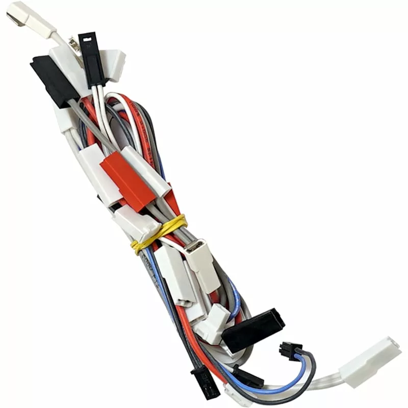 The Lelit 3000038 Wiring Assembly features multicolored wires with white, black, and red plastic connectors, bundled together with a yellow rubber band on a white background. © 2025 1st-line.com