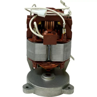 The Lelit 4000002 Grinder Motor for Kate Espresso Machine features exposed copper windings, a metal core, white wires, and a circular metal base—designed specifically for compatibility with the Kate Espresso Machine. © 2025 1st-line.com