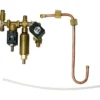 The Lelit 4000041 MARA X CHARGE CIRCUIT—featuring a brass gas valve assembly with black solenoid parts, a curved copper pipe with fitting, and a clear plastic tube—is displayed isolated on a white background. © 2025 1st-line.com