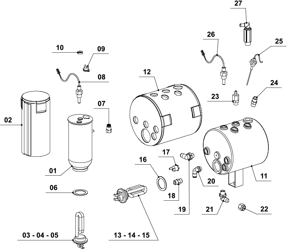 Black and white technical diagram showing exploded view of a mechanical device with multiple cylindrical tanks, pipes, and components, each labeled with numbers for identification and assembly reference. © 2025 1st-line.com