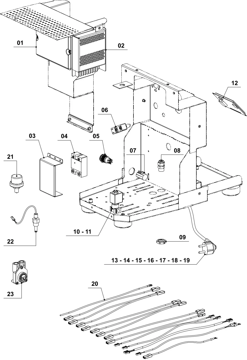 Exploded parts diagram of a 3D printer or similar Electronic Digital machine, showing labeled components like the frame, motors, power supply, circuit board, and switches—arranged for easy assembly reference. © 2025 1st-line.com