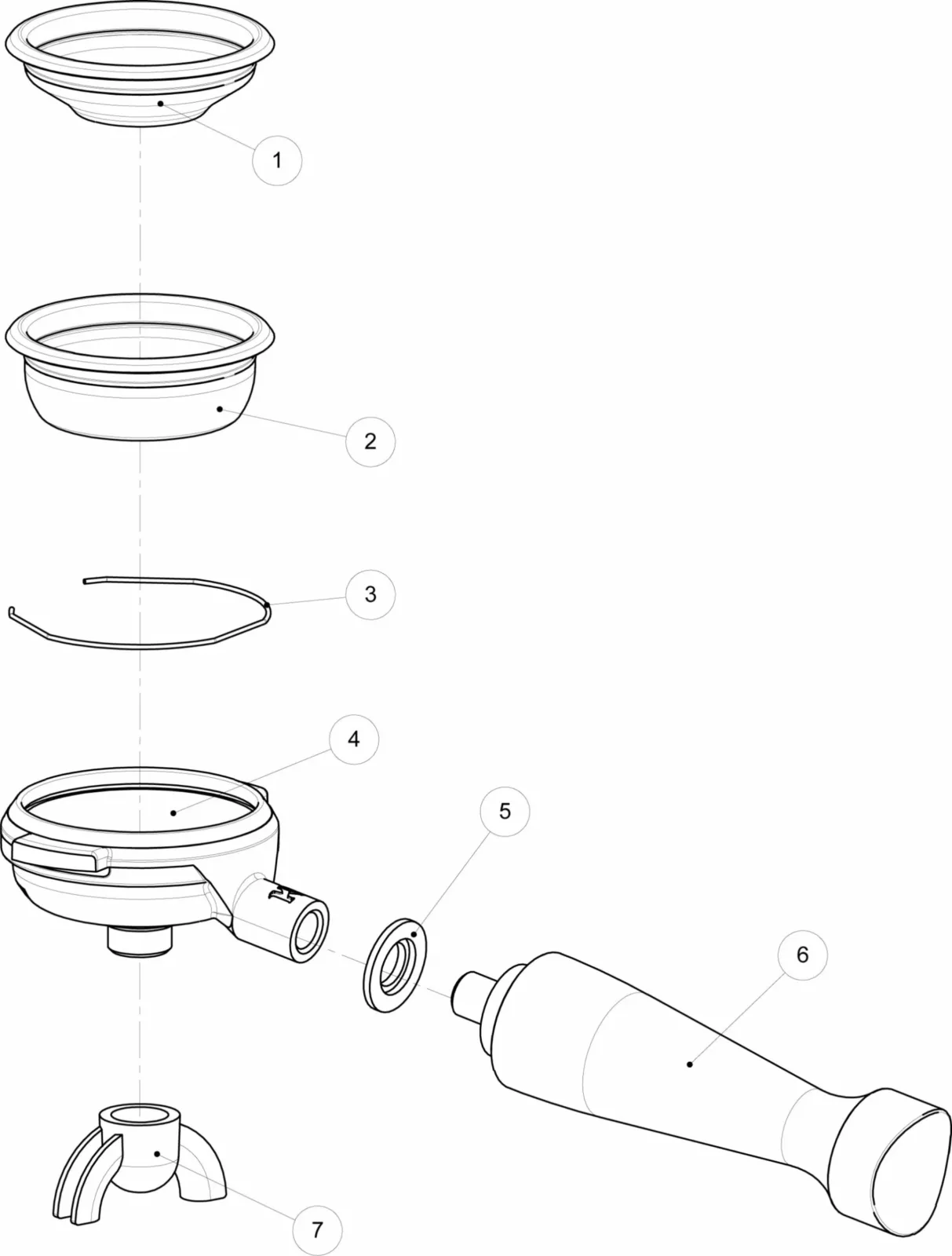 Line drawing of an exploded view portafilter parts diagram for Elektra Verve, with seven labeled components—basket, body, spring, spout, gasket, handle, and fork—arranged in assembly order from top to bottom. zDONE. © 2025 1st-line.com