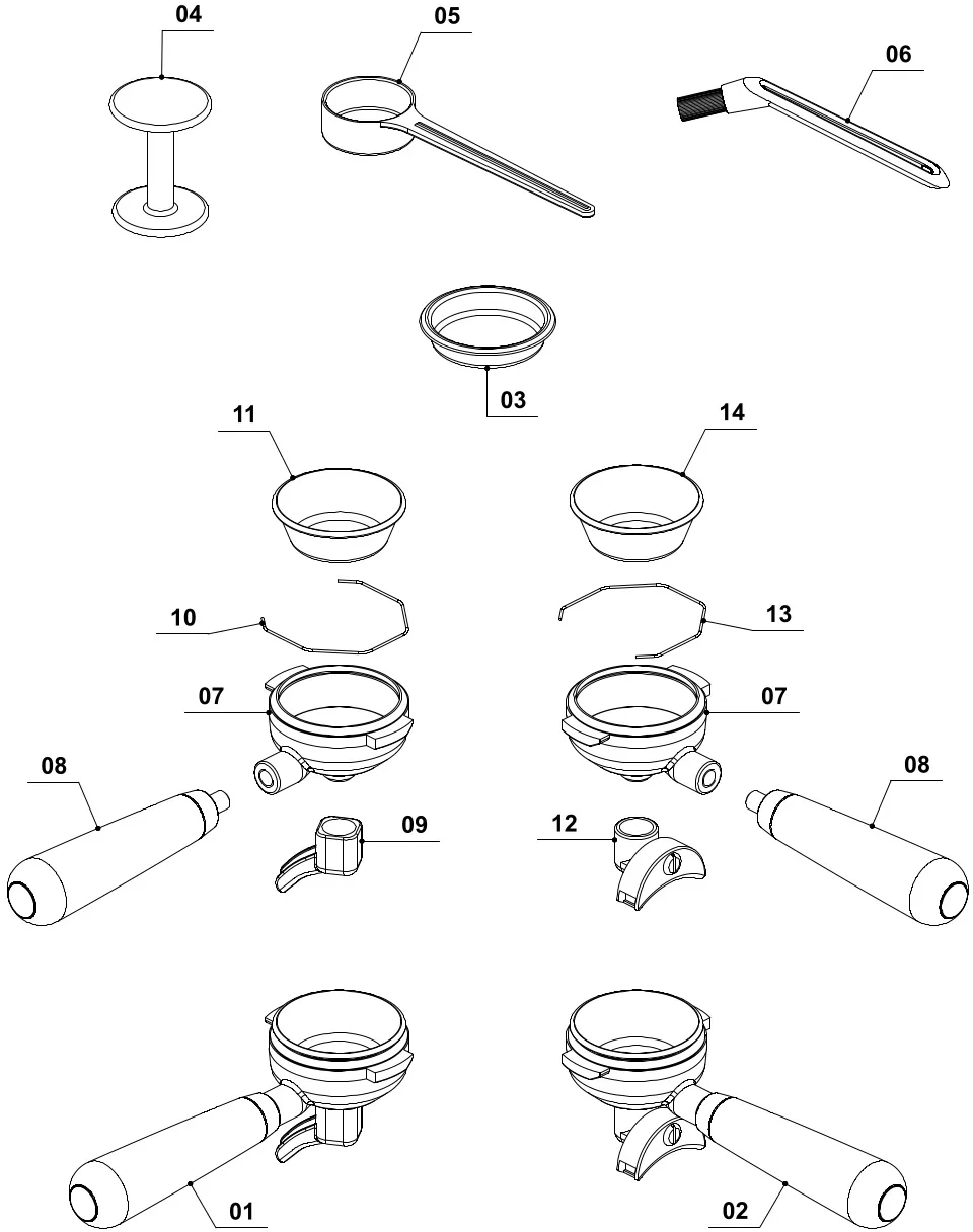 Line drawing Parts Diagram of exploded portafilter assembly for VBM Domobar Super DB, showing handles, baskets, spouts, filters, clips, and tools labeled 01-14, arranged in two sets with associated accessories. © 2025 1st-line.com