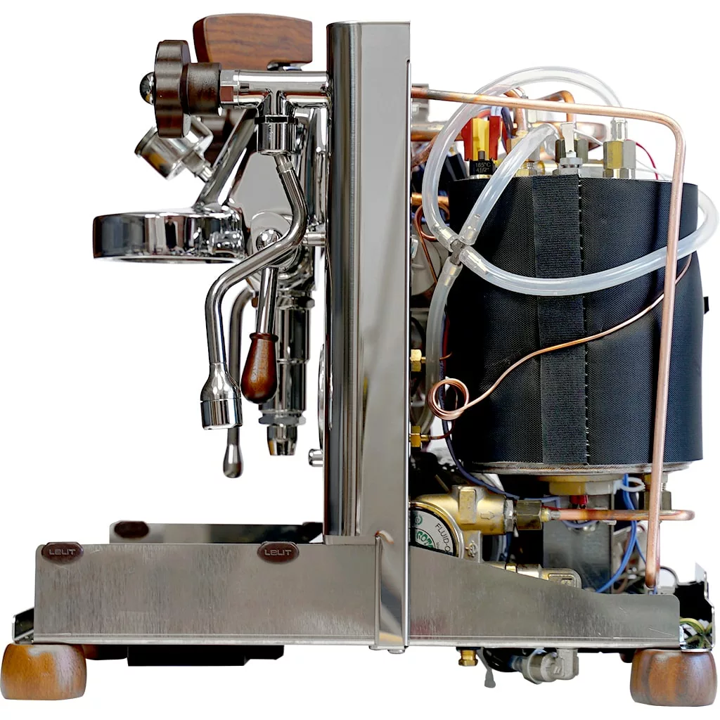 Side view of a Lelit Bianca V3 espresso machine with its outer casing removed, exposing internal components like pipes, wires, a boiler, and gauges. The internal photo shows metal, wood, and plastic parts on a sturdy metal base. © 2025 1st-line.com