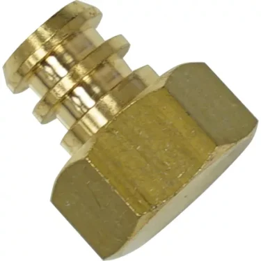 Close-up of the Bezzera 5226416AL Water Tank Plug, a brass plumbing fitting featuring a hexagonal nut on one end and a ribbed, barbed connection—perfect for securing your water tank. © 2025 1st-line.com
