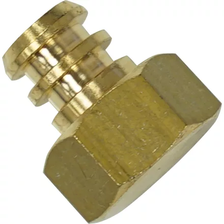 Close-up of the Bezzera 5226416AL Water Tank Plug, a brass plumbing fitting featuring a hexagonal nut on one end and a ribbed, barbed connection—perfect for securing your water tank. © 2025 1st-line.com