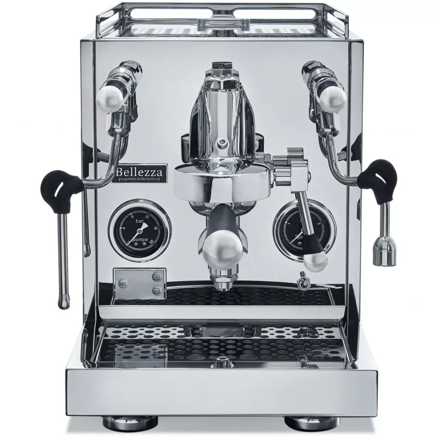 The Bellezza Inizio R Leva HX Espresso Machine features a polished stainless steel body, black accents, dual gauges, two wands, a drip tray, and showcases classic Italian design. © 2025 1st-line.com