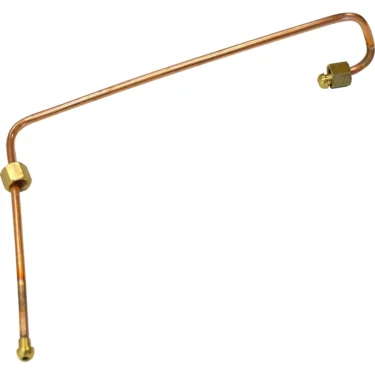 The Lelit 2100025 Boiler Copper Tube features an angular, zigzag design with brass fittings on both ends and is shown against a white background. It’s compatible with Lelit machines. © 2025 1st-line.com