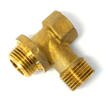 The Lelit MC919 Brass T-Fitting has male threads on two ends and a female thread on the third, perfect for connecting pipes. © 2025 1st-line.com