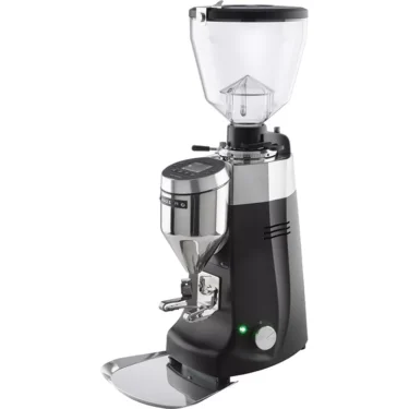 A black and silver Kony S commercial espresso grinder with a clear bean hopper, digital display, and metallic base, designed for professional or home espresso preparation. © 2025 1st-line.com