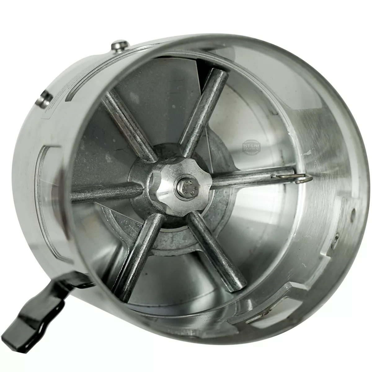 A close-up of a metal flour sifter with a crank handle and cylindrical design, featuring internal rotating blades for fine sifting—offering precision comparable to the Mazzer SMISGRA02/BQQ Doser Assembly. © 2025 1st-line.com