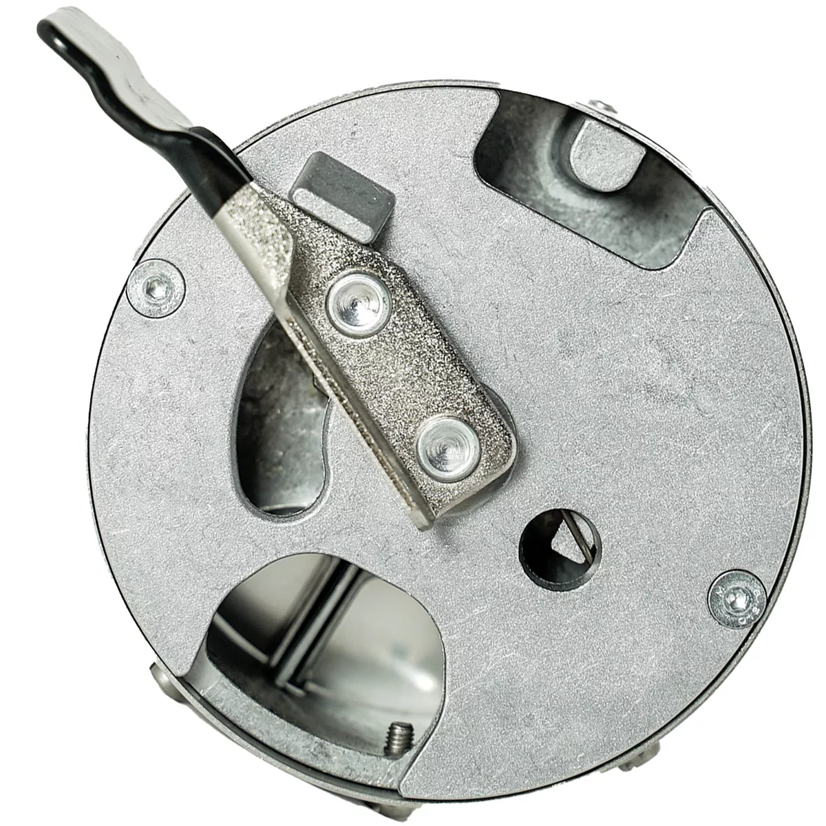 Close-up of the Mazzer SMISGRA02/BQQ Doser Assembly, a round metal coffee grinder part with a lever, screws, and multiple cutout sections on its smooth metallic surface—an essential component for Mazzer grinders. © 2025 1st-line.com