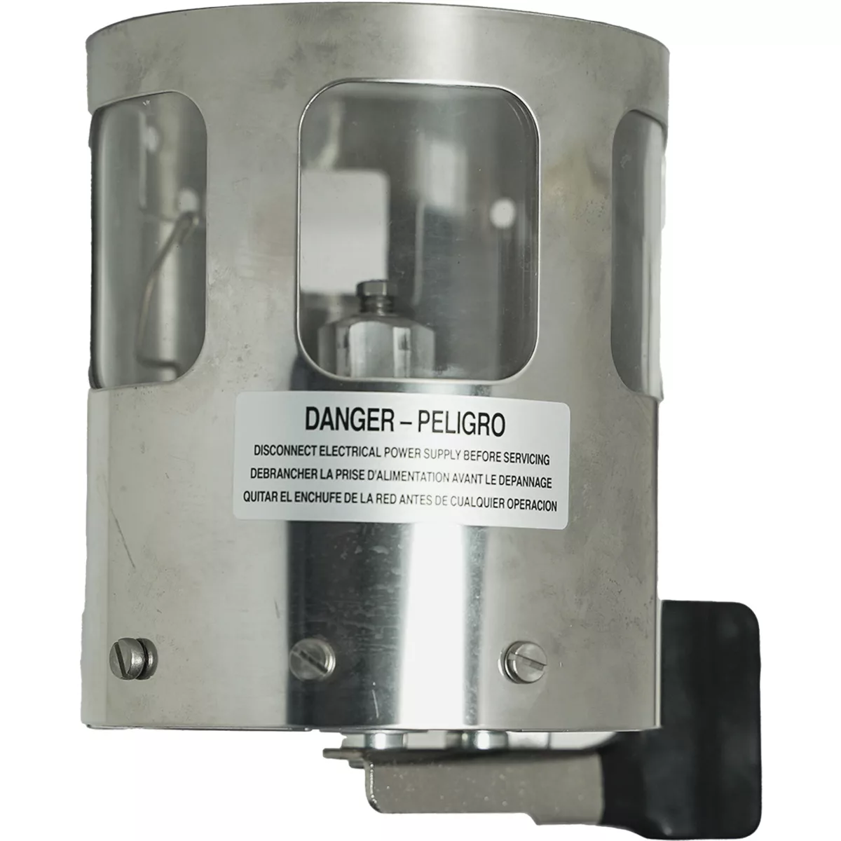 The Mazzer SMISGRA02/BQQ Doser Assembly has a transparent cover, a DANGER–PELIGRO label warning to disconnect power before servicing, visible screws, and a black handle on the lower right. © 2025 1st-line.com