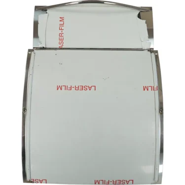 Rectangular metal Isomac 000656 Back Panel with chrome edges and white panels labeled LASER-FILM in red, partially wrapped in protective film and photographed against a white background. © 2025 1st-line.com