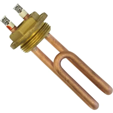 The Bezzera 5722316AL 1300W 120V heating element features a brass threaded base and two terminals, ideal for water heaters or boilers, shown isolated on a white background. © 2025 1st-line.com