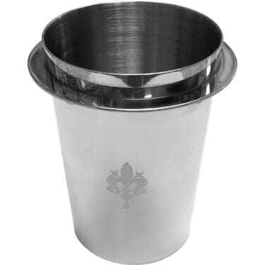 The Eureka Single Dosing Cup is a silver, cylindrical coffee accessory featuring a wide rim, smooth polished surface, and a subtle engraved fleur-de-lis design on the side. © 2025 1st-line.com