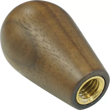 The VBM Walnut Group Handle with Metal Insert M10 D28x46mm features a teardrop shape, smooth finish, and a metal insert at the flat end for easy tool or device attachment. © 2025 1st-line.com