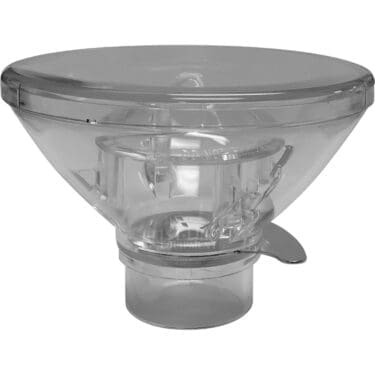 This clear plastic replacement lid with a funnel shape, spout, and lever fits the Eureka 2316.1000PLR00-4KIT Single Dose Hopper. © 2025 1st-line.com
