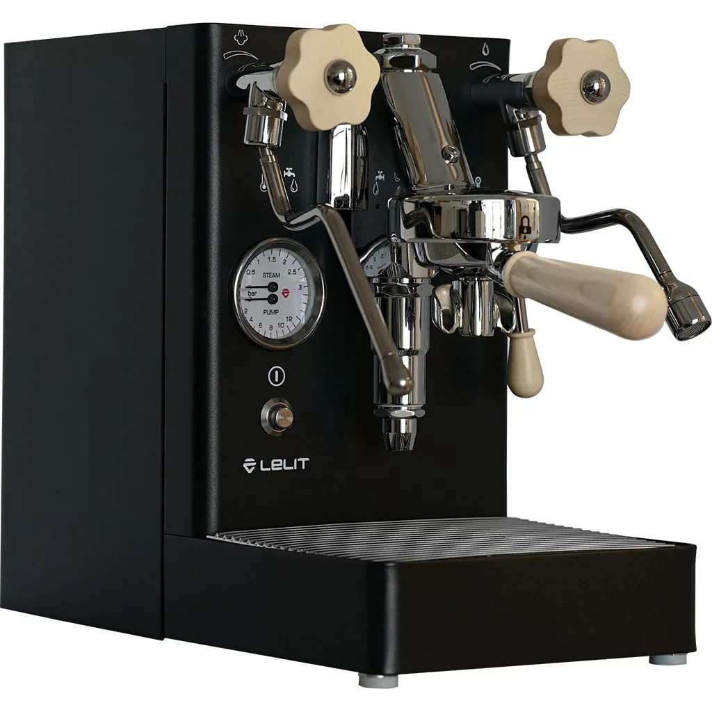 A black Lelit Mara X HX espresso machine with cream-colored knobs, a pressure gauge, steam wand, portafilter, and a ridged metal drip tray on the front. © 2025 1st-line.com