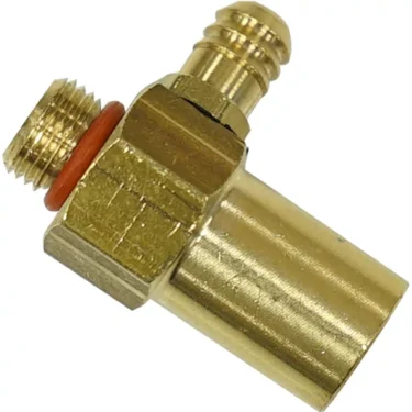 Close-up of a brass hose barb fitting with threaded end and orange O-ring for connecting flexible tubing to equipment like the 1st-line S2 Purge Valve. © 2025 1st-line.com