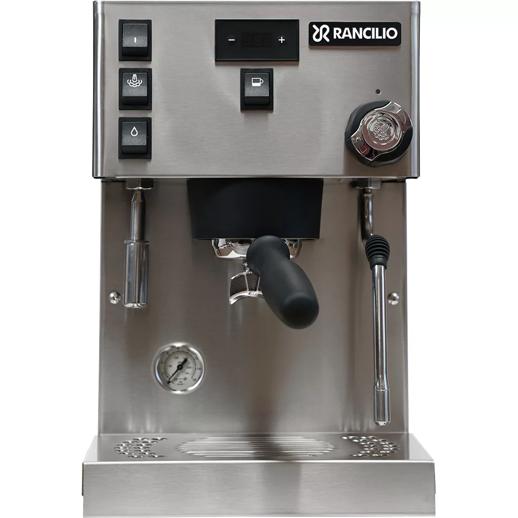 Front view of the Rancilio Silvia Pro X Dual Boiler Espresso Machine with control buttons, steam wand, portafilter, pressure gauge, and drip tray. Its sleek, modern design is prominently displayed. © 2025 1st-line.com