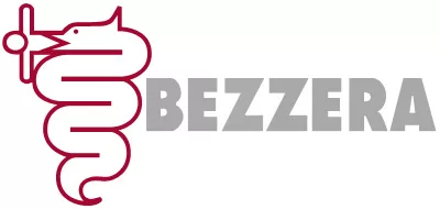 Red outline of a snake coiled around a cup next to the word BEZZERA in bold grey letters; the snakes head faces left. This minimalist design is perfect for any Espresso machine enthusiast or grinders package deals. © 2025 1st-line.com