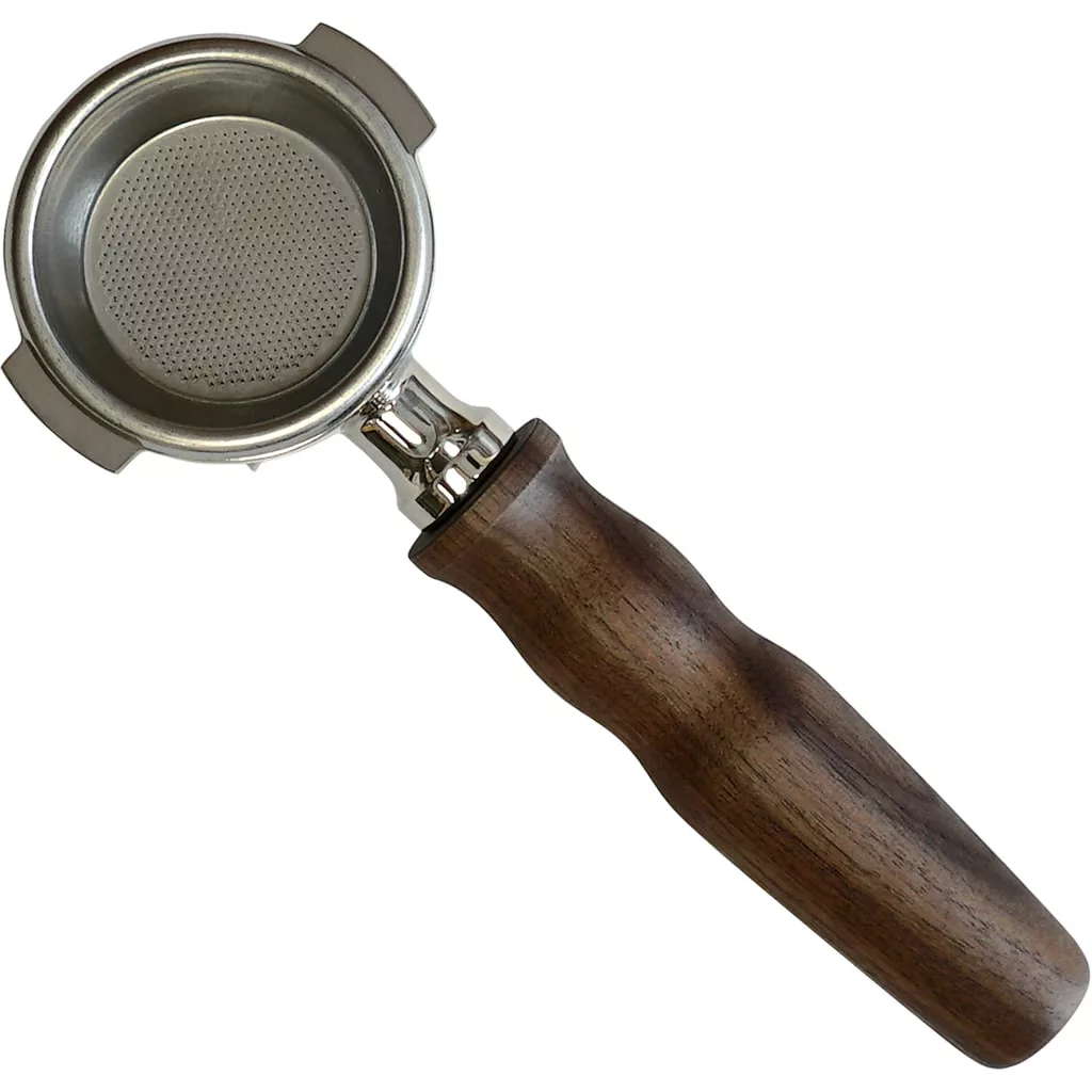 The 1st-line Stainless Steel 1-cup 58mm Portafilter with Walnut Handle for E61 features a finely perforated filter basket and is displayed on a white background. © 2025 1st-line.com