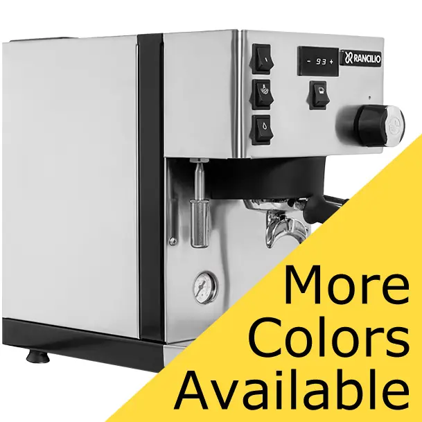 The Rancilio Silvia Pro X Dual Boiler Espresso Machine, made of stainless steel with button and knob controls, is shown partially covered by a yellow More Colors Available banner in the corner. © 2025 1st-line.com