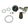 A Bezzera 5900574 Wood Knob Flow Control Kit V1 & V2 with pressure gauge, wooden handle, metal base, three white gaskets, brass fitting, and metal cylinder, all displayed on a white background. © 2025 1st-line.com