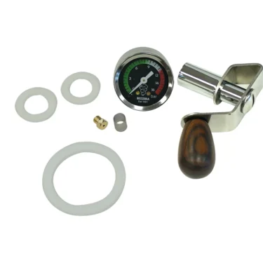 A Bezzera 5900574 Wood Knob Flow Control Kit V1 & V2 with pressure gauge, wooden handle, metal base, three white gaskets, brass fitting, and metal cylinder, all displayed on a white background. © 2025 1st-line.com