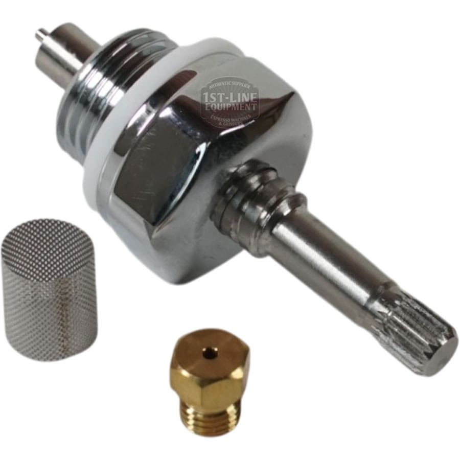 A Bezzera metal valve assembly with a hex base, cylindrical mesh filter, and brass nozzle—part of the Bezzera 5900574 Wood Knob Flow Control Kit V1 & V2—is shown on a white background. © 2025 1st-line.com