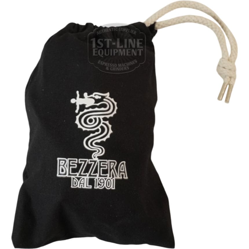 A black drawstring bag with a white Bezzera serpent-and-man logo and BEZZERA DAL 1901, perfect for storing your Bezzera 5900574 Wood Knob Flow Control Kit V1 & V2. Features a braided white cord at the top. © 2025 1st-line.com
