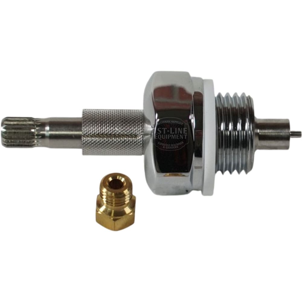 A chrome-plated valve core remover with a knurled handle, from the Bezzera 5900574 Wood Knob Flow Control Kit V1 & V2, is pictured beside a small brass fitting on a white background. © 2025 1st-line.com