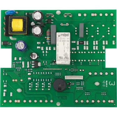 A close-up of a green Fiorenzato 600000457 F4E V220/110 Board with V2 Lower Power, showing components like capacitors, resistors, a relay, and connectors arranged across its surface. © 2025 1st-line.com