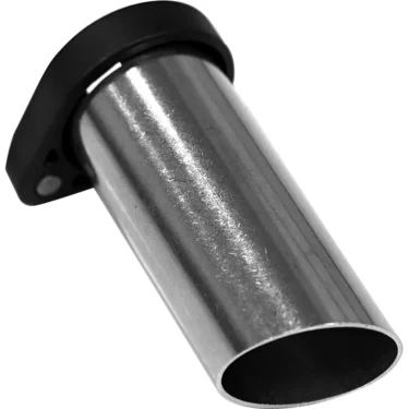 A close-up of the Fiorenzato 900000998/R Complete Cleanable Removable Output Pipe, featuring a metal body with a flanged black plastic or rubber mount at one end, shown against a white background. © 2025 1st-line.com